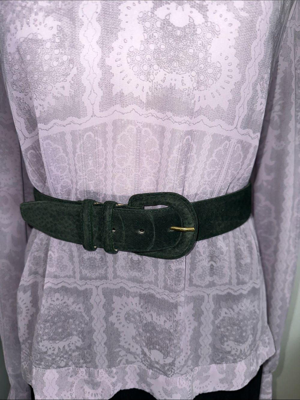 LANDS’ END S Genuine Suede Leather Winter Hunter Green Wide Vintage Buckle Belt